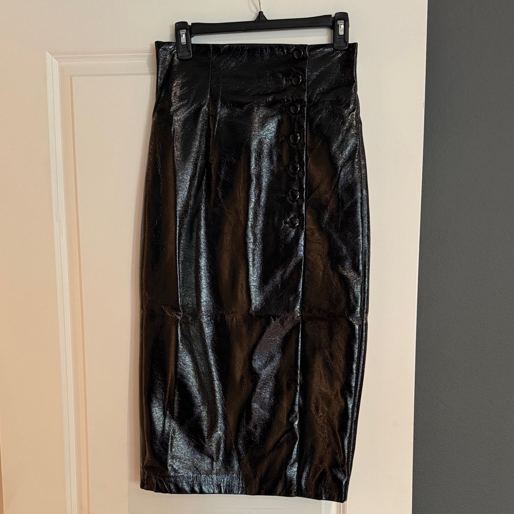 Mishka Shiny Black Pencil Skirt with Buttons